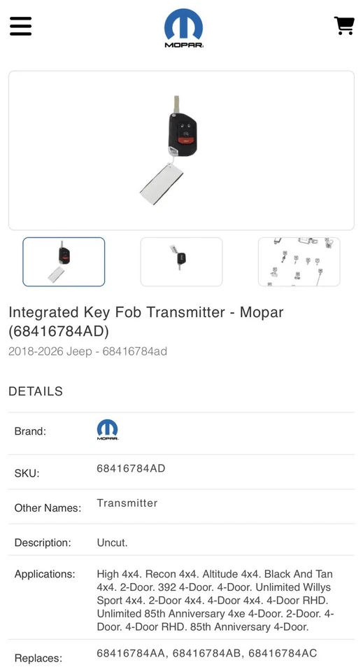 NEW Genuine Mopar 68416784AD Key Fob Transmitter Jeep Wrangler Gladiator - Image 3 of 3