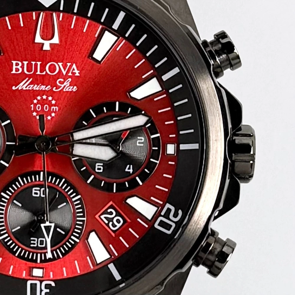 Bulova Men’s Chronograph Marine Star 43mm Red Dial Stainless Quartz Watch 98B350 - product detail image 5
