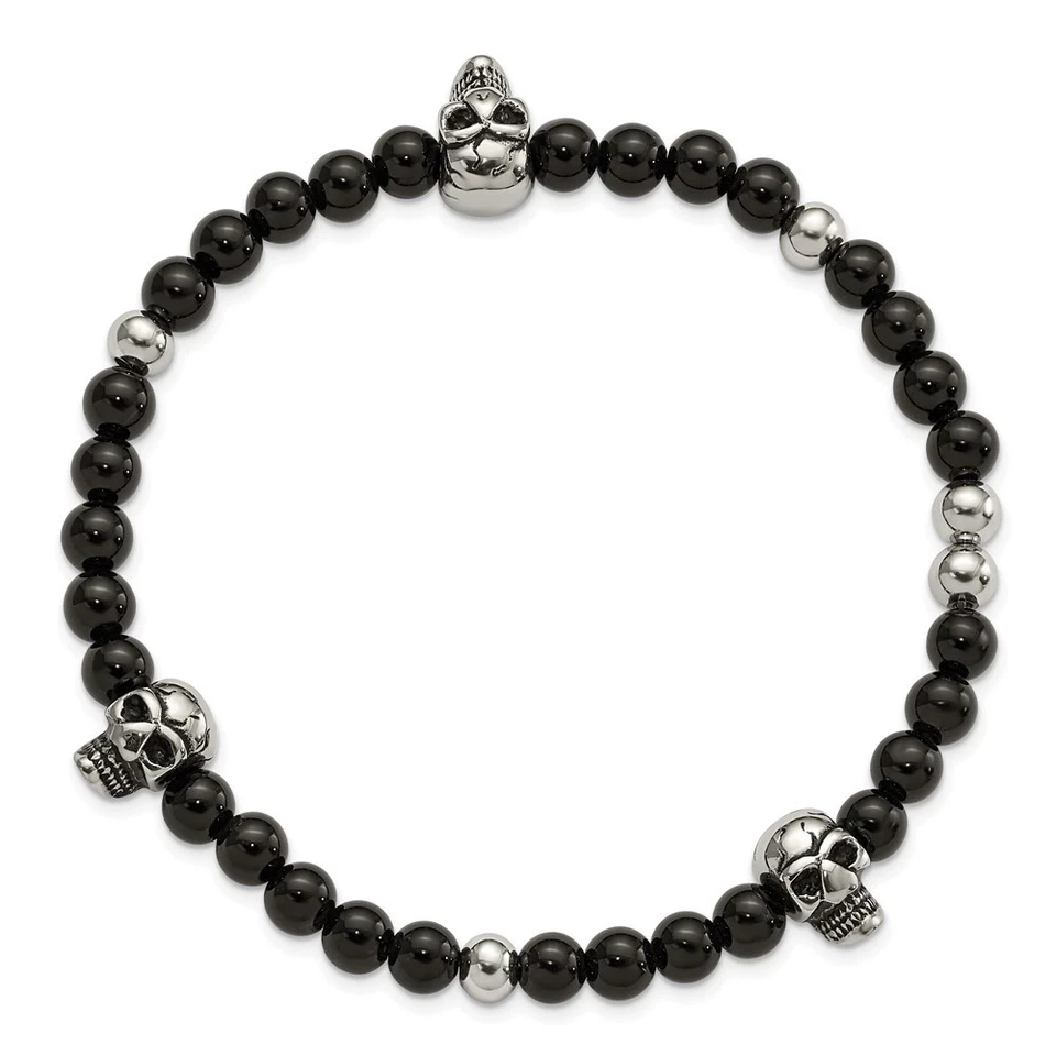 Pulsera elástica de acero inoxidable de ágata negra con cuentas y calaveras de 8,25" para hombre Foto 2 de 3