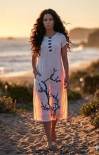 Silk Linen Embroidered Sundress M Cobalt Blue Blossoms Resort Cruise Whimsy