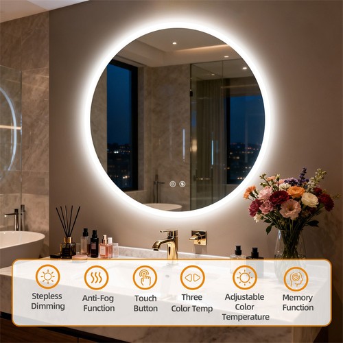 28” Smart Round Lighted Backlit Bathroom Mirror Wall Illuminated Vanity Mirror - Afbeelding 6 van 16