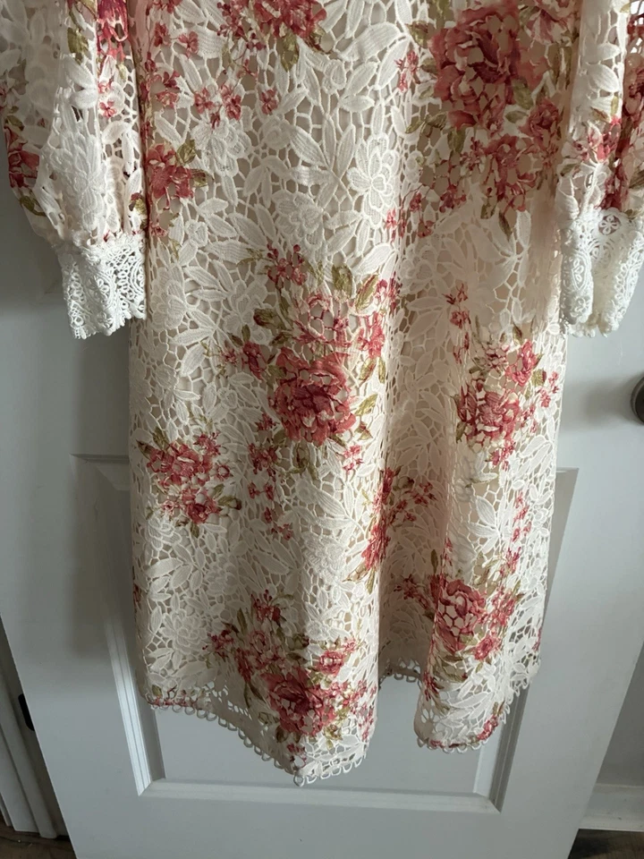 Anthropologie Champagne And Strawberry Crochet Romance Floral Dress M - Image 3 of 4