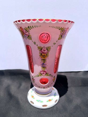 Antique Moser Bohemian Czech Glass Vase White Cut to Cranberry Floral