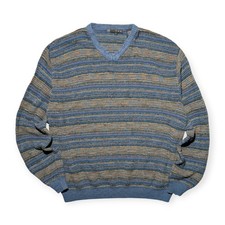 Textured Stripe Knit V-Neck Sweater Blue Multi Cotton Blend Men  s XL