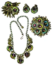 VINTAGE JULIANA WATERMELON RHINESTONE PARURE NECKLACE BROOCH EARRINGS SET