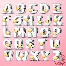 LAZA Fine 26 Letters 925 Sterling Silver Golden Heart Charms Fit Women Bracelets