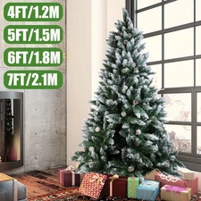 Snowy Christmas Tree Artificial Pinecones Hinged Xmas Decorations w/ Metal Stand