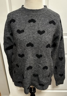 Valentine Sweater Gray Knitted Pullover Black Heart Fresh Fx Warm Stretchy S/M