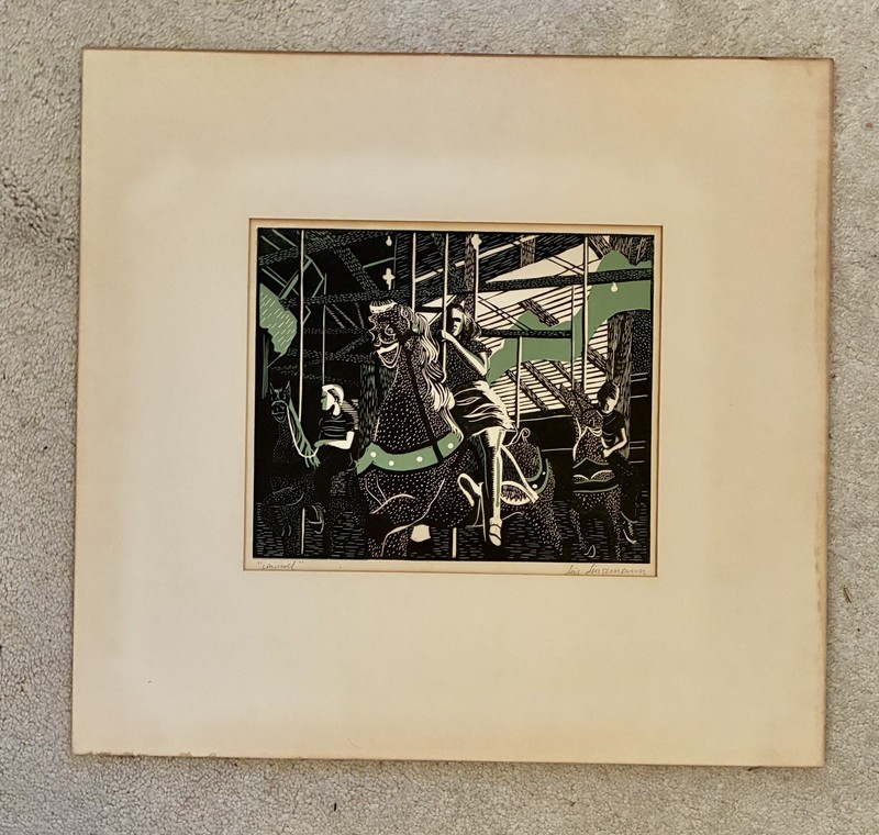 LOIS LINGEMANN MID CENTURY CALIF. ARTIST LINOCUT PRINT ENTITLED “CAROUSEL”