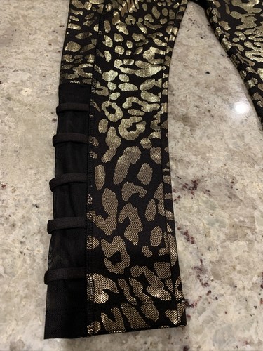 NWT JUSTICE GIRLS LEOPARD SHINE STRAPPY MESH LEGGINGS Size 7 GOLD & BLACK - Picture 5 of 7
