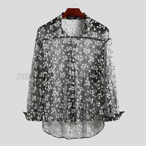 Men Mesh See Through Long Sleeve Floral Dress Shirts Fishnet Party Beach Top Tee - Picture 7 of 13