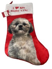 I LOVE MY SHIH TZU 17  x 8  Red Satin Christmas Stocking NWT