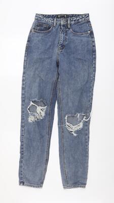 PRETTYLITTLETHING Damen Mom-Jeans blau Baumwolle Größe 4 L30 normal geknöpft