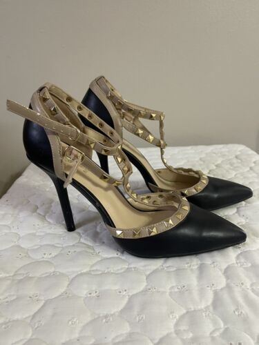 RUE 21 ETC Pointed Stiletto STRAPPY Heels Size Large 8 - 9 Black Tan STUDDED - Picture 2 of 6