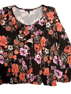 Supply & Demand Sz Large Black Floral Long Sleeve Top Elastic Band