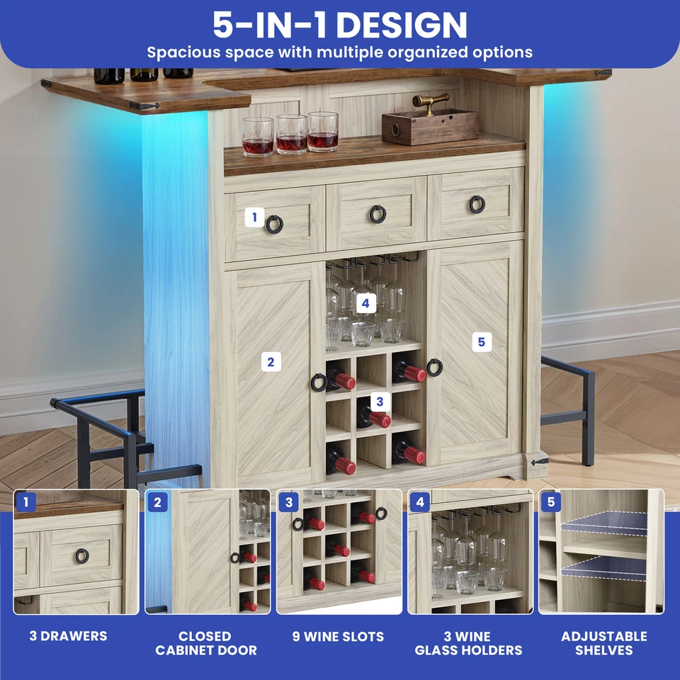 Home Mini Bar Table Stemware Rack Lights & Footrest 3 Drawer Wine Storage Shelf - Image 3 of 4