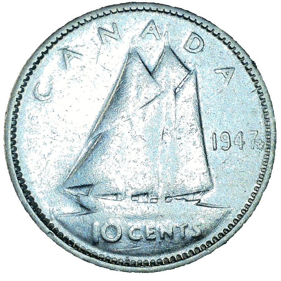 1947 Canada 80% Silver 10 Cents Circulated Dime With Maple Leaf
