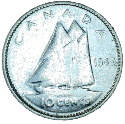 1947 Canada 80% Silver 10 Cents Circulated Dime With Maple Leaf