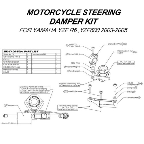 FOR YAMAHA YZF600 R6 Motorcycle Adjustable Steering Stability Damper Bracket Kit - Picture 9 of 21