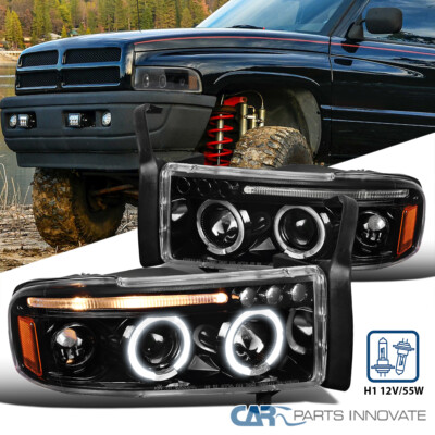 Pearl Black Fit 1994-2001 Dodge Ram 1500 2500 3500 LED Halo Projector Headlights