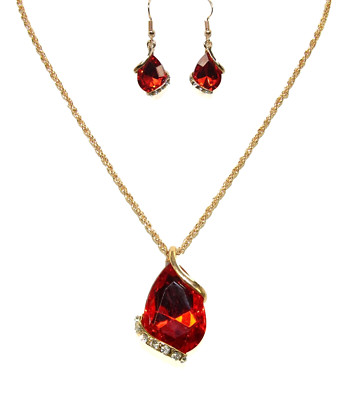 Red Crystal Teardrop Pendant Earring Set with Gold Wrap -Elegant Neck Set NEW