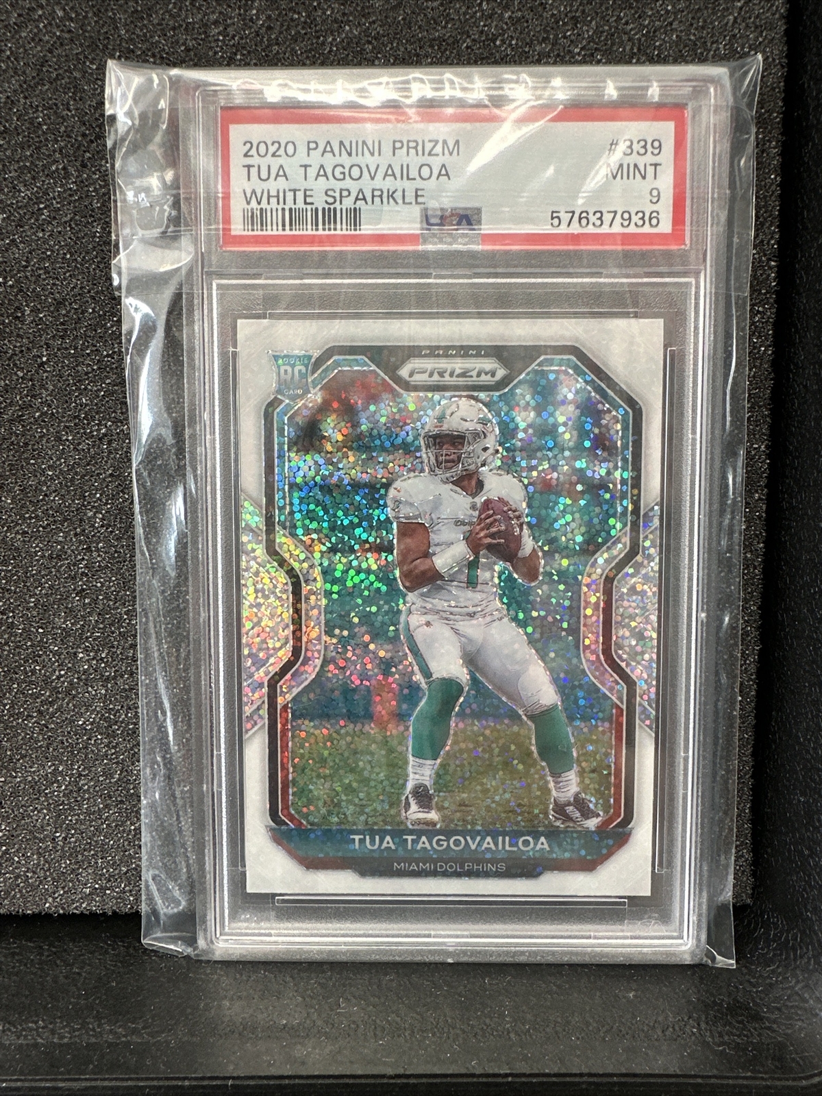 2020 Panini White Sparkle Prizm #339 Tua Tagovailoa Dolphins RC Rookie SSP PSA 9