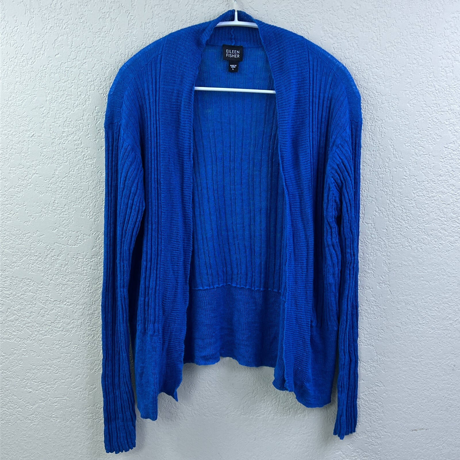Eileen Fisher Cardigan Large Blue 100% Linen Rib Knit Stretch Open Front Sweater
