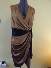 COAST Cocktail Bronze & Black Satin V- Neck Split Party Prom Dress Size 14 VGC