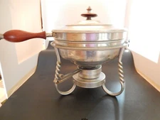 MID CENTURY VINTAGE 12" ROUND ALUMINUM CHAFING DISH & STAND STERNO FOOD WARMER 