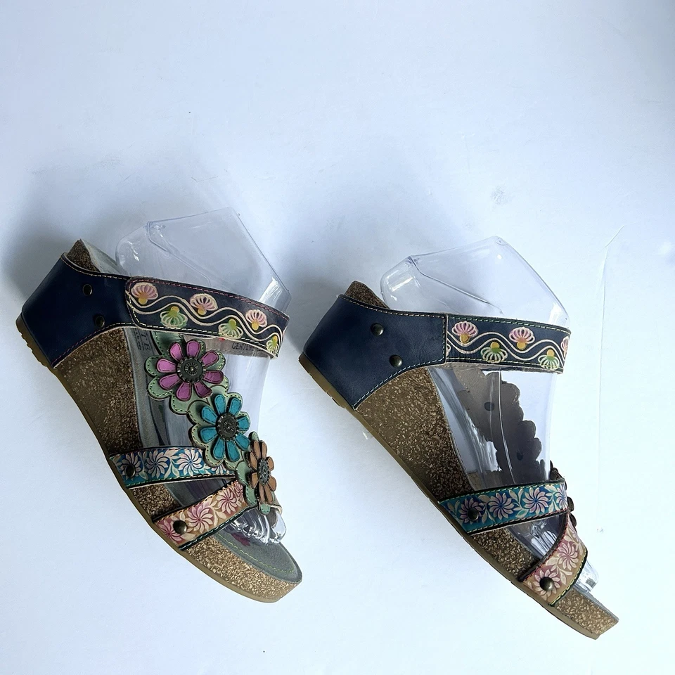 Sandálias anabela L Artiste couro boho hippie UE 39 EUA 8,5 arte para usar coloridas 3D - Imagem 4 de 4