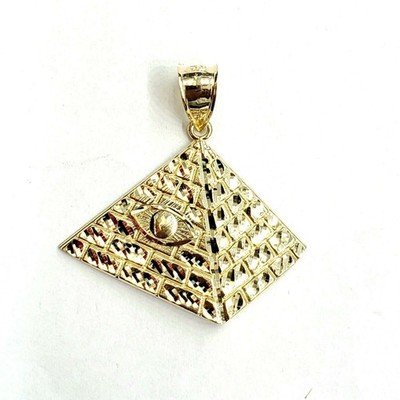 10k yellow solid Gold Egyptian pyramid eye Pendant diamond cut fine jewelry 6.4g