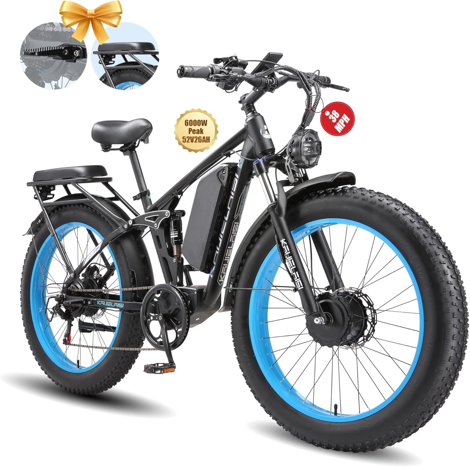 48V 26Ah 6000W Dual Motor E-Bike - 38MPH Top Speed, Full Suspension