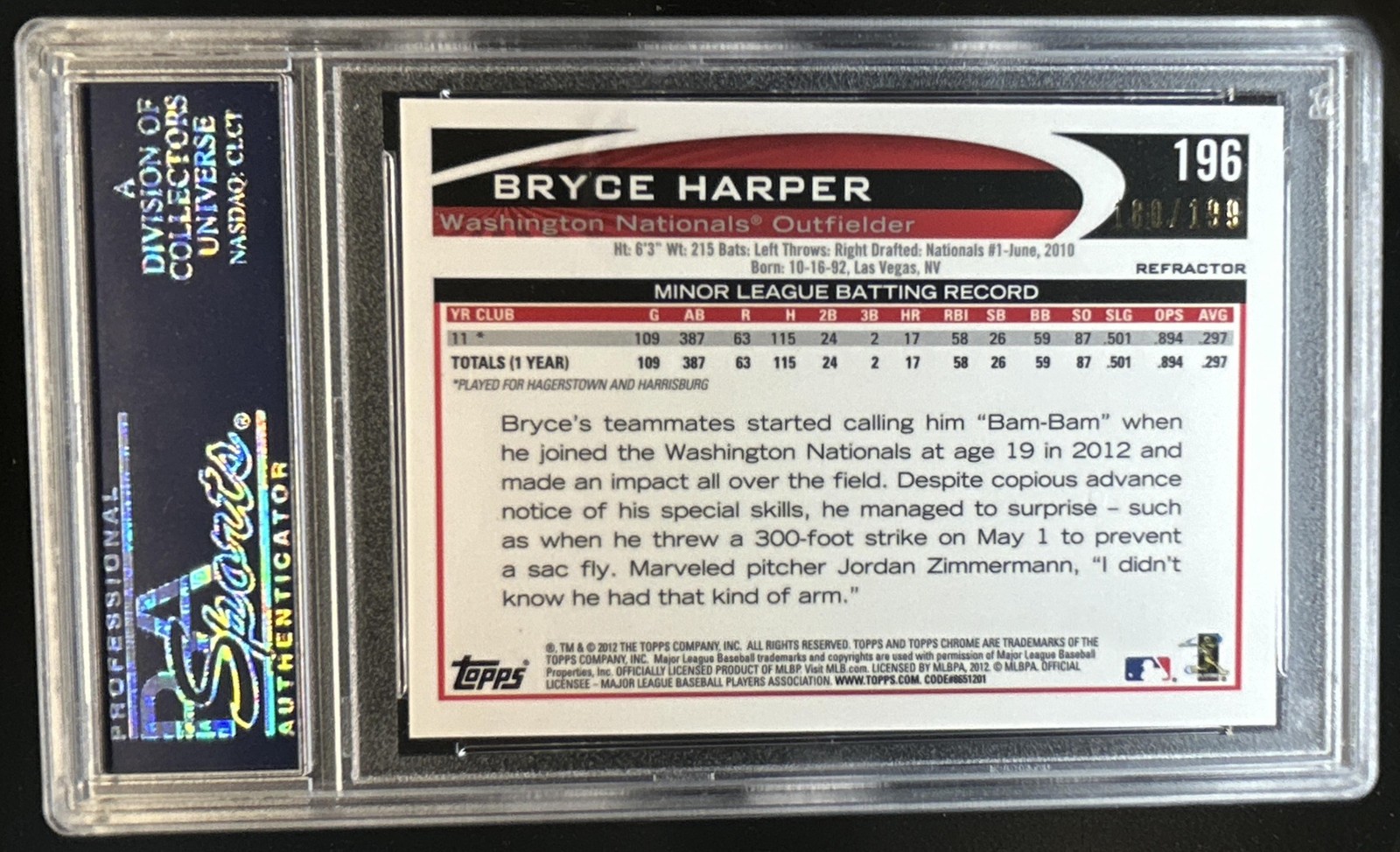 2012 Topps Chrome Bryce Harper Blue Refractor Rookie RC #/199 Nationals PSA 10 view 2