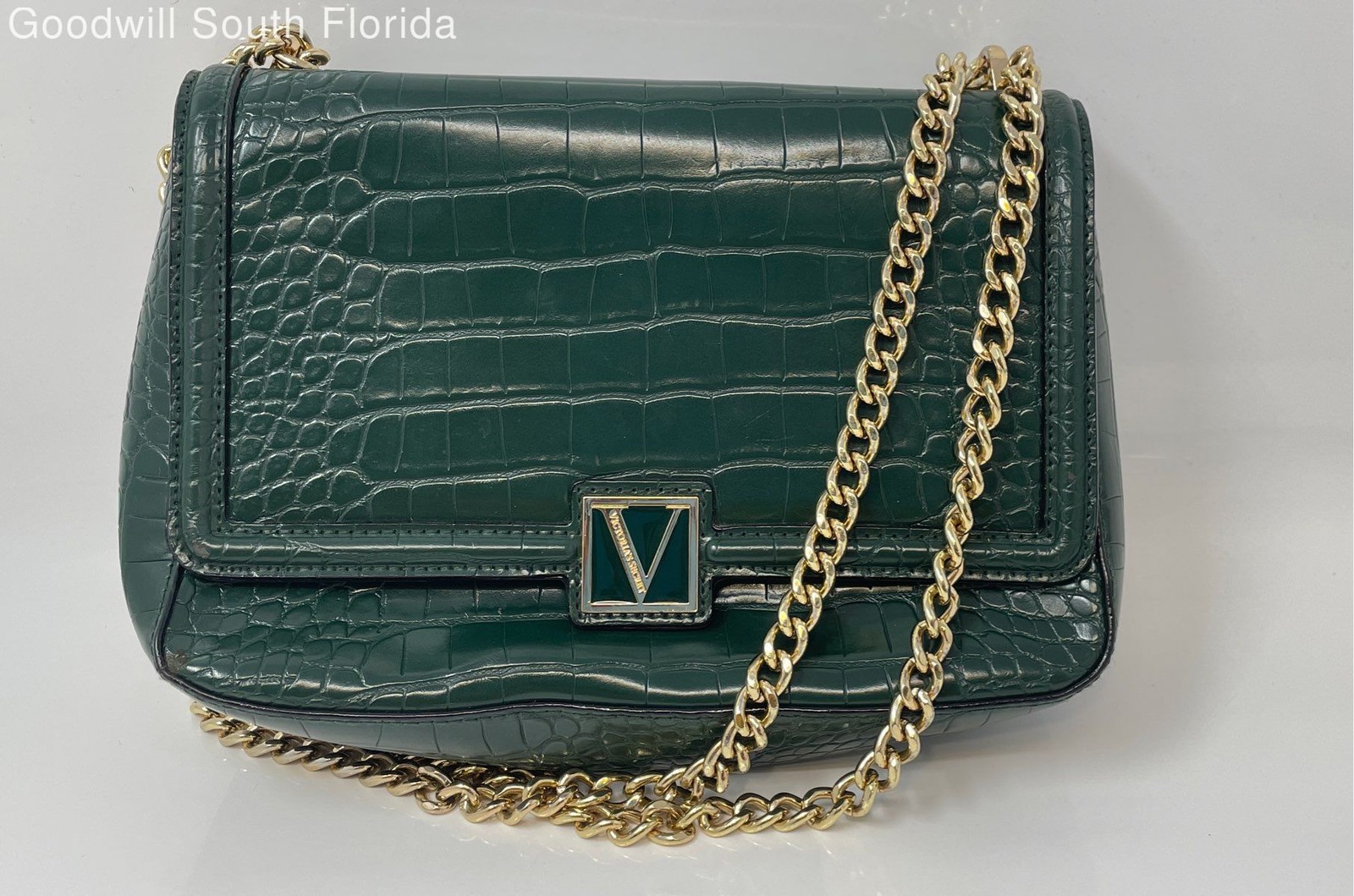 Victoria's Secret Womens Green Croc Embossed Leather Convertible Shoulder Bag