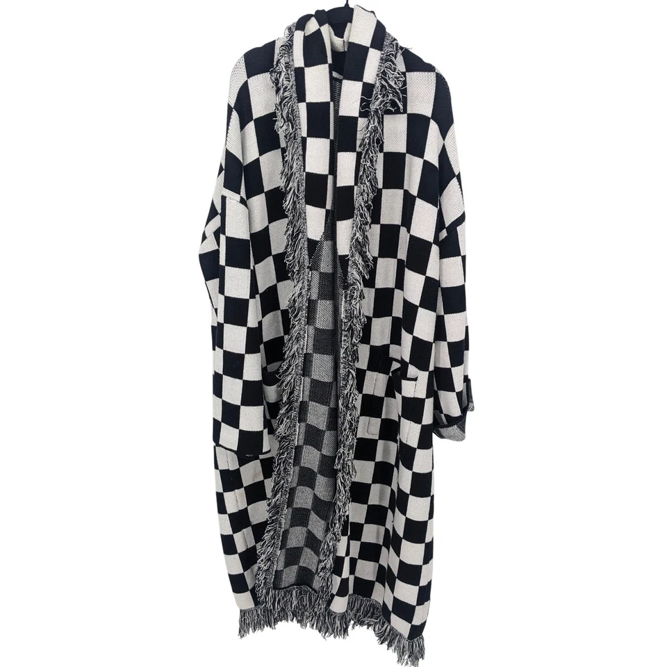 Dressed in Lala Cardigan 女式黑色白色 L/XL 方格长款条纹毛衣 — 第 2/4 张图片