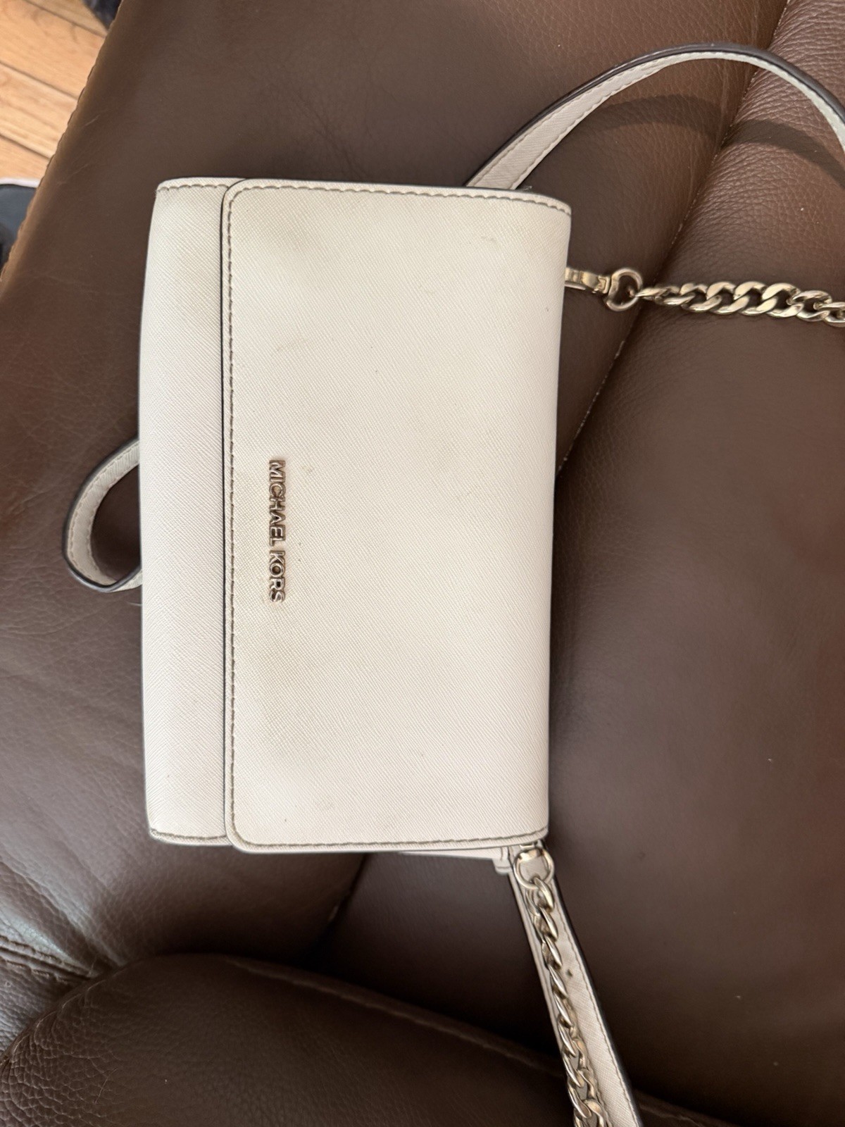 Michael Kors Beige Small Crossbody Clutch, Gold Chain Strap, Zip/Snap