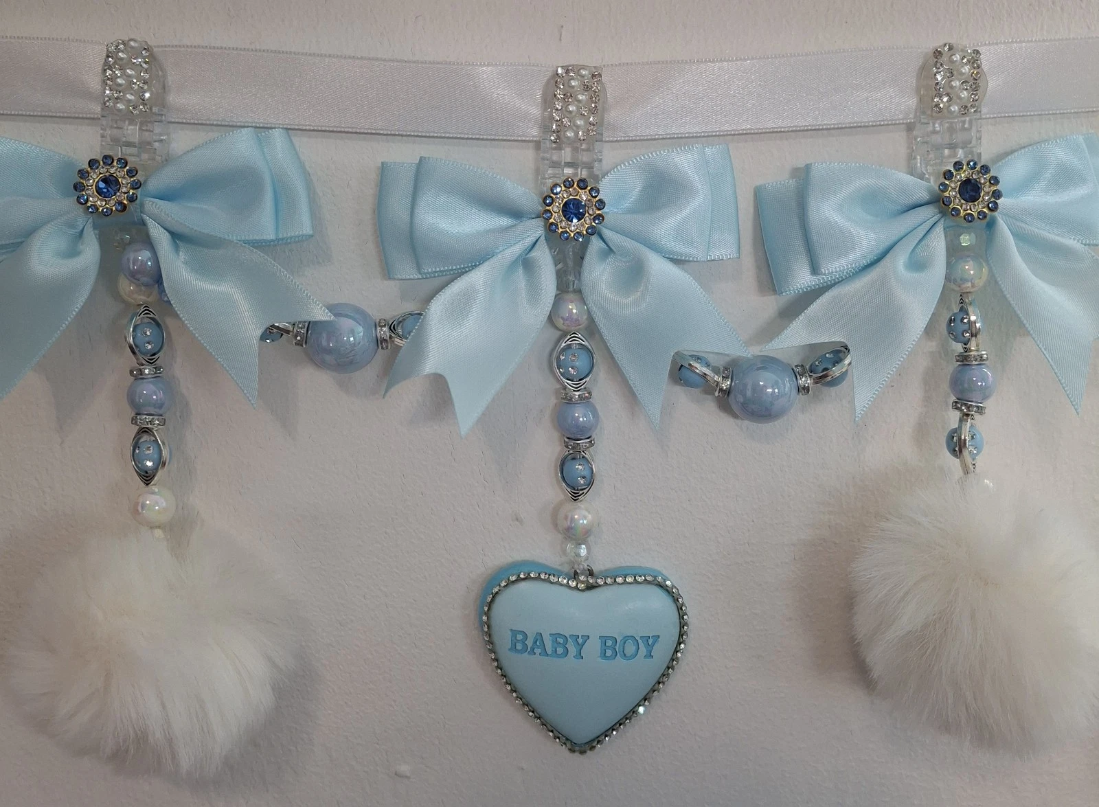 3 Tier/triple white/blue bling Pram Charm With white Bows With 2 white pom poms