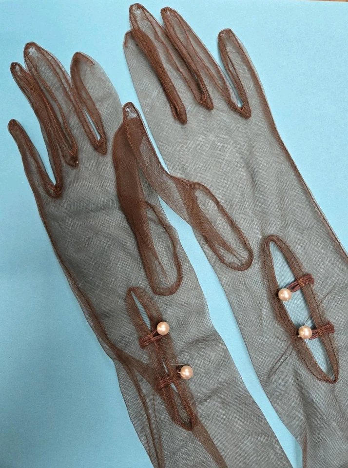 Vtg 1950- 60"s 24" Long Sheer Brown Women's Opera Gloves Faux Pearl Buttons - Image 2 of 4