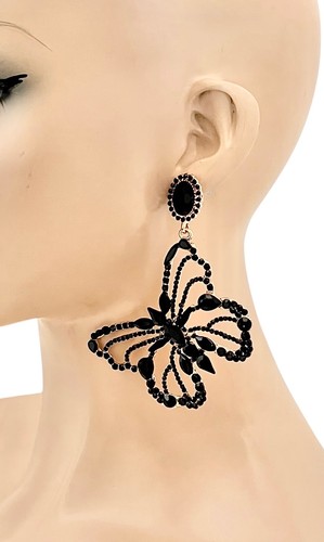 4" lange Statement Schmetterling Ohrringe schwarze Kristalle Drag Queen Festzug, durchbohrt