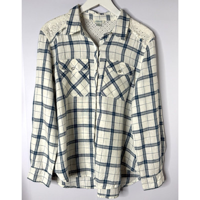 Sundance Polly Plaid Linen Pearl Snap Button Down Top Sz L Eyelet Lace Western