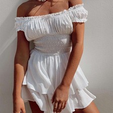 Women's White Mini Dress Cute Off Shoulder Wrapped Chest Casual Dresses