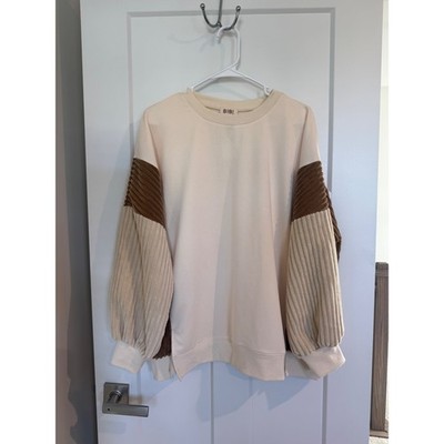 BiBi Cream Colorblock Terry Top Sweatshirt Brown Corduroy Balloon Sleeve Small