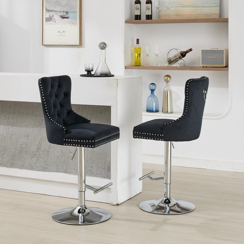 Set/2 Luxury Swivel Kitchen Barstools 25-33"Adjustable Thick Chrome Velvet Black - Picture 20 of 22
