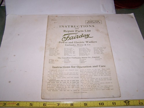 FAIRBANKS MORSE Fairday Clothes Washer Owners Manual Parts List Poster 1930's