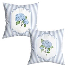 Vintage Blue and White Striped Hydrangea Floral Pillow Covers 18x18 Set of 2,...