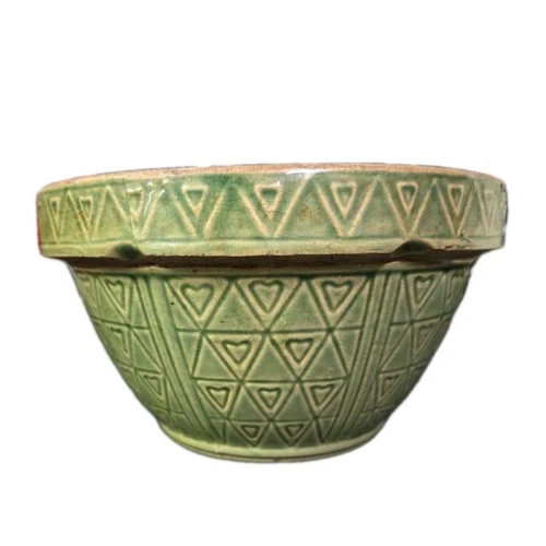 Old Mccoy Yellowware Pottery Hearts & Triangle 8" Mixing Bowl Green Salt Glaze