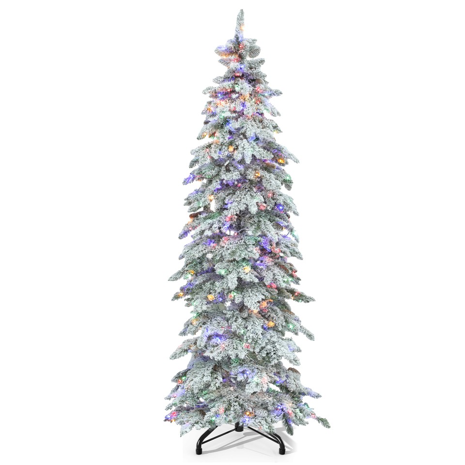TAUS 7.5ft PreLit Flocked Pencil Spruce Christmas Tree with Pine Cones