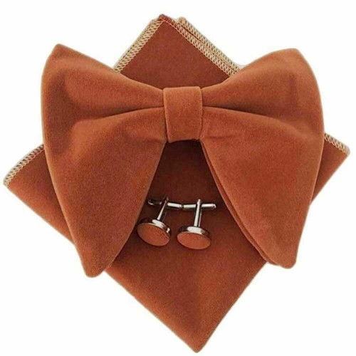 Men Solid Color Big Velvet Pre-tied Bow Tie Pocket Square Cufflinks Bowtie Set - Picture 3 of 8