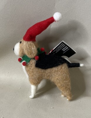Beagle Felted Wool Christmas Holiday Tree Dog Ornament Santa Hat w/Scarf NEW