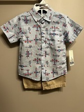Kids Headquarters Boys Plane Theme Button Down Shirt And Khaki Shorts Set
